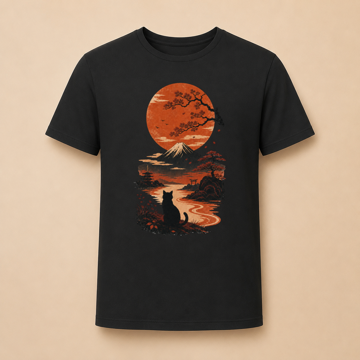 Katze Japan Sonnenuntergang - T-Shirt
