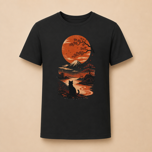 Katze Japan Sonnenuntergang - T-Shirt