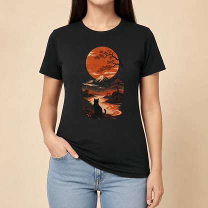 Katze Japan Sonnenuntergang - T-Shirt
