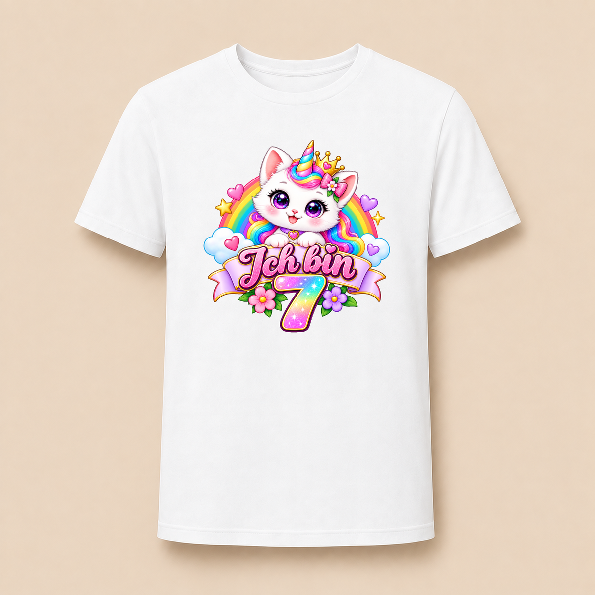 Ich bin 7 Einhorn Katze – Mädchen T-Shirt