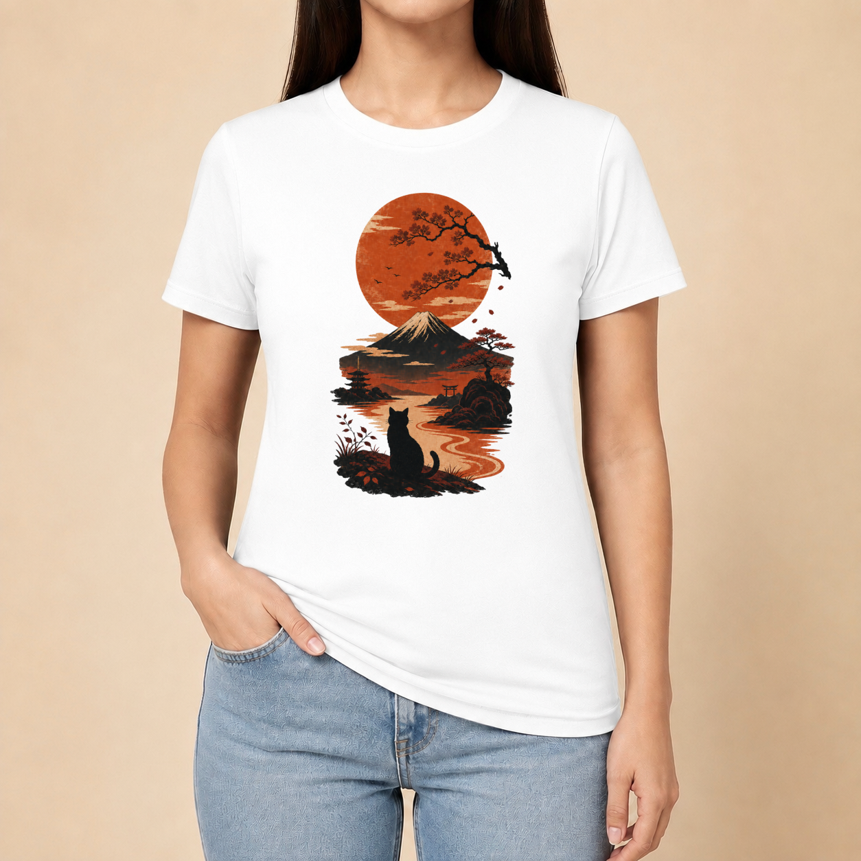 Katze Japan Sonnenuntergang - T-Shirt