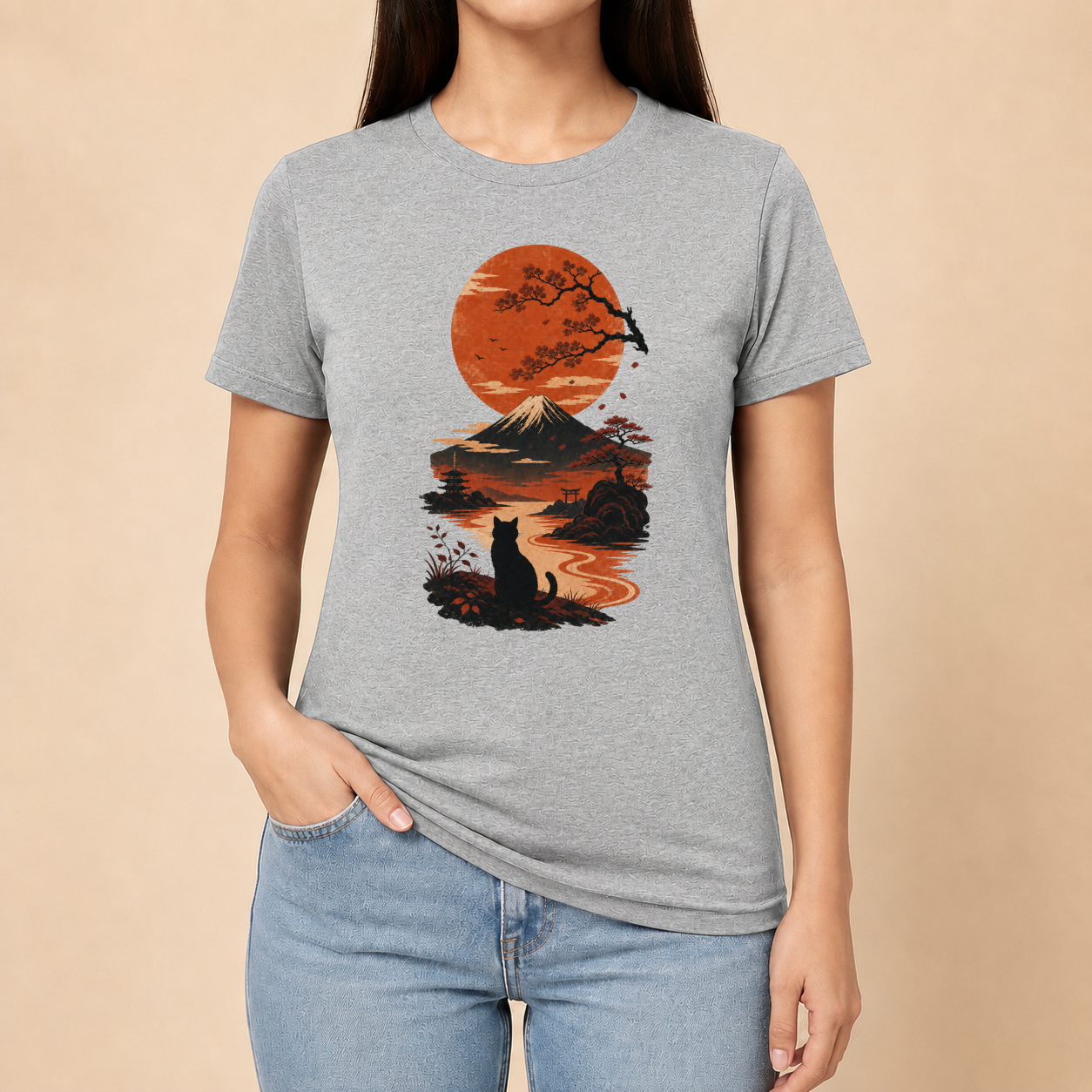 Katze Japan Sonnenuntergang - T-Shirt