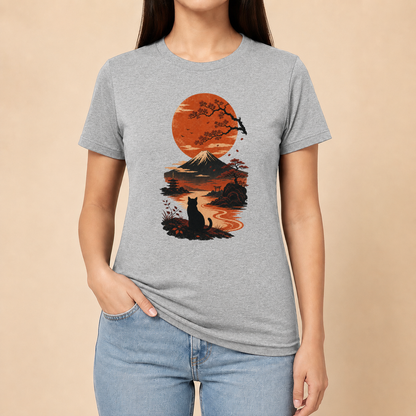 Katze Japan Sonnenuntergang - T-Shirt