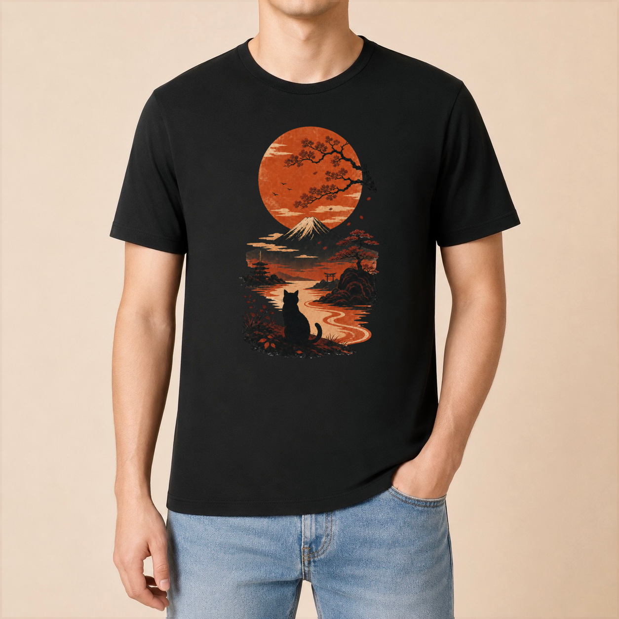 Katze Japan Sonnenuntergang - T-Shirt