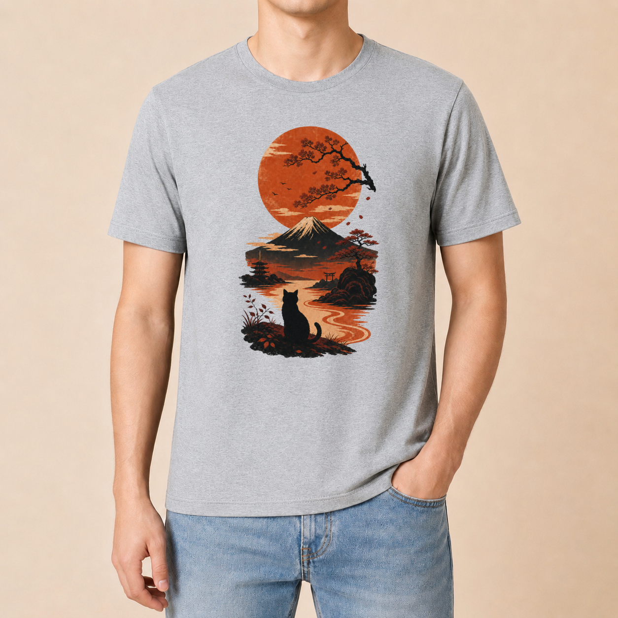 Katze Japan Sonnenuntergang - T-Shirt