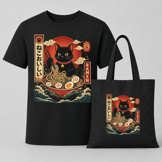 Ramen Katze Japan - T-Shirt & Jutebeutel Bundle