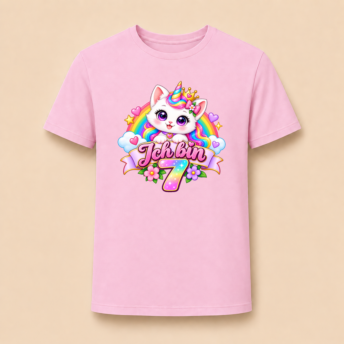 Ich bin 7 Einhorn Katze – Mädchen T-Shirt