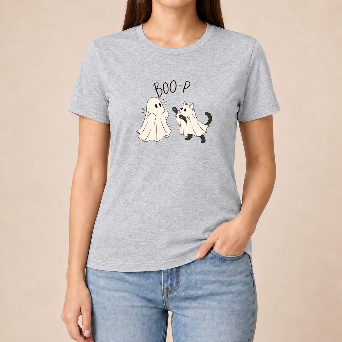 Boo-P Katze Geist T-Shirt Heather Grey – Damen