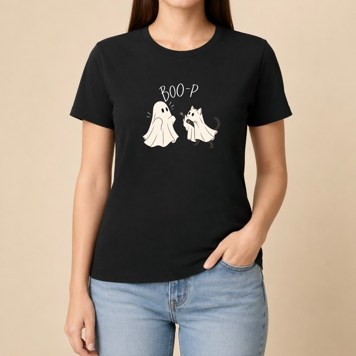 Boo-P Katze Geist T-Shirt Schwarz – Damen