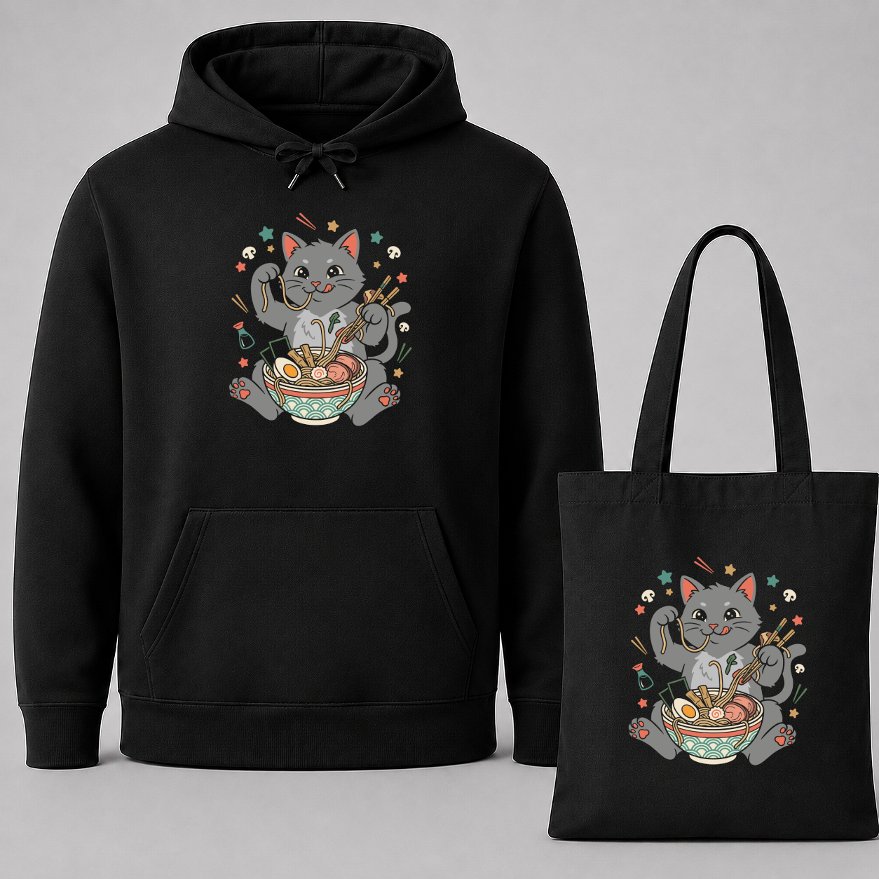 Ramen Katze – Lustiger Katzen Hoodie & Jutebeutel Bundle
