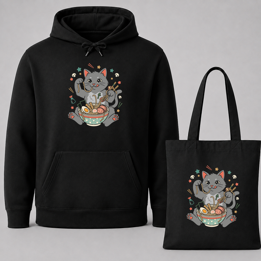 Ramen Katze – Lustiger Katzen Hoodie & Jutebeutel Bundle