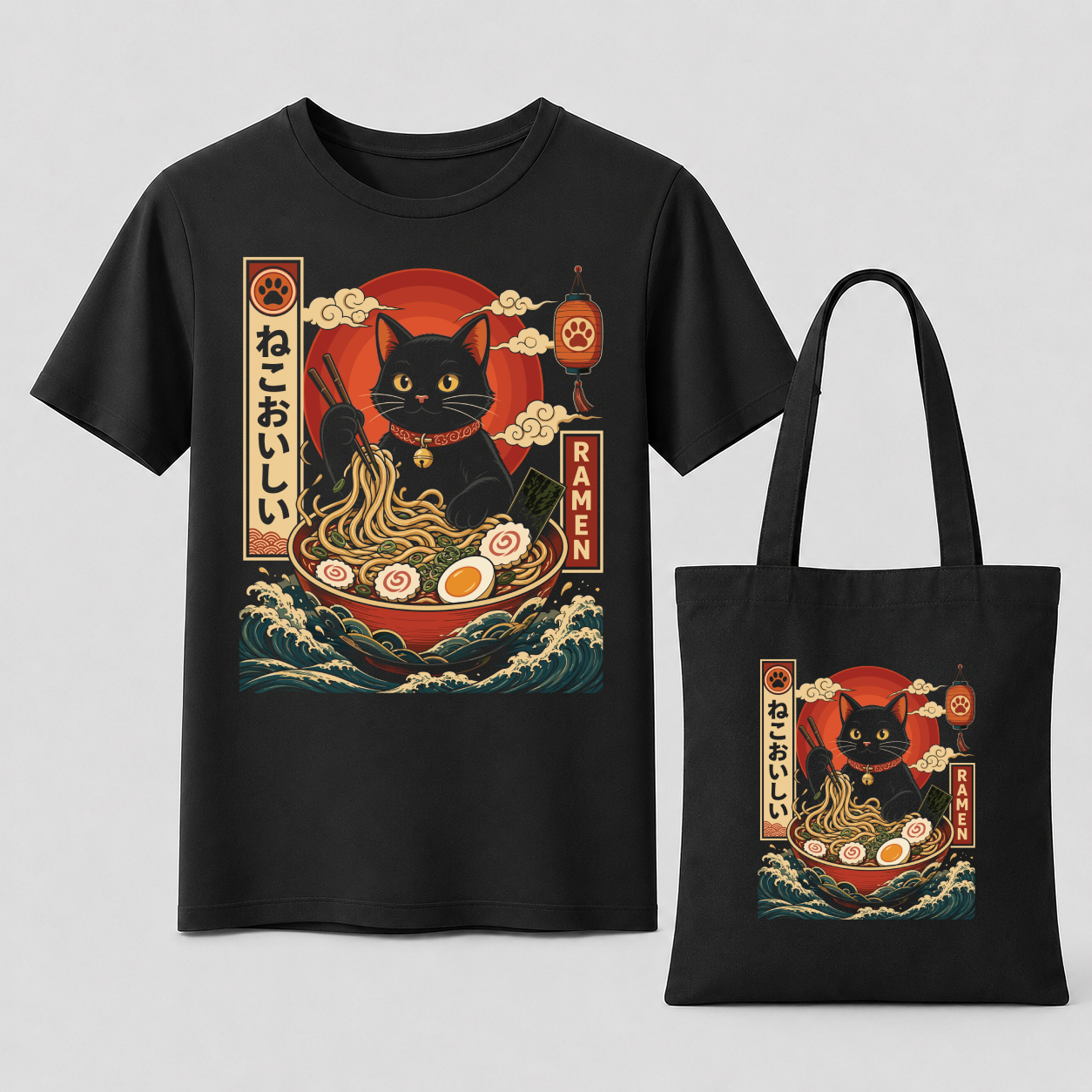 Ramen Katze Japan – Retro Katzen T-Shirt & Jutebeutel Bundle