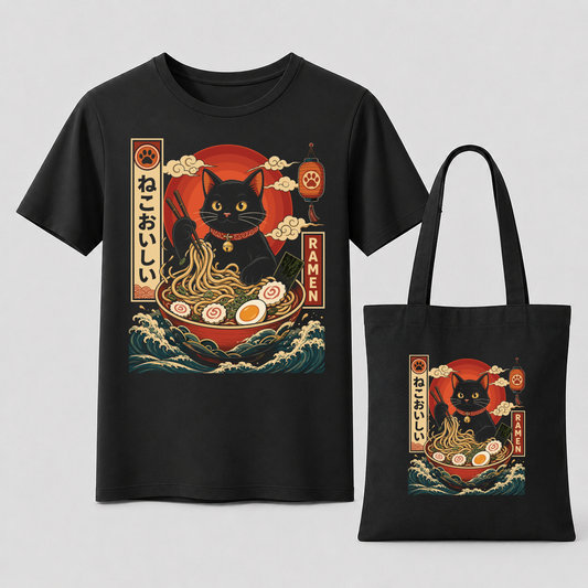 Ramen Katze Japan – Retro Katzen T-Shirt & Jutebeutel Bundle